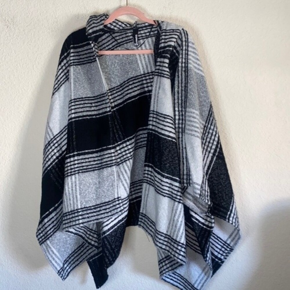 Express poncho sweater plaid striped windowpane one size hooded top arm hole VTG
